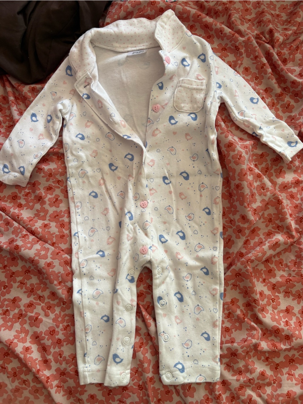 F&F Cream One-Piece with Blue and Pink Bird Print